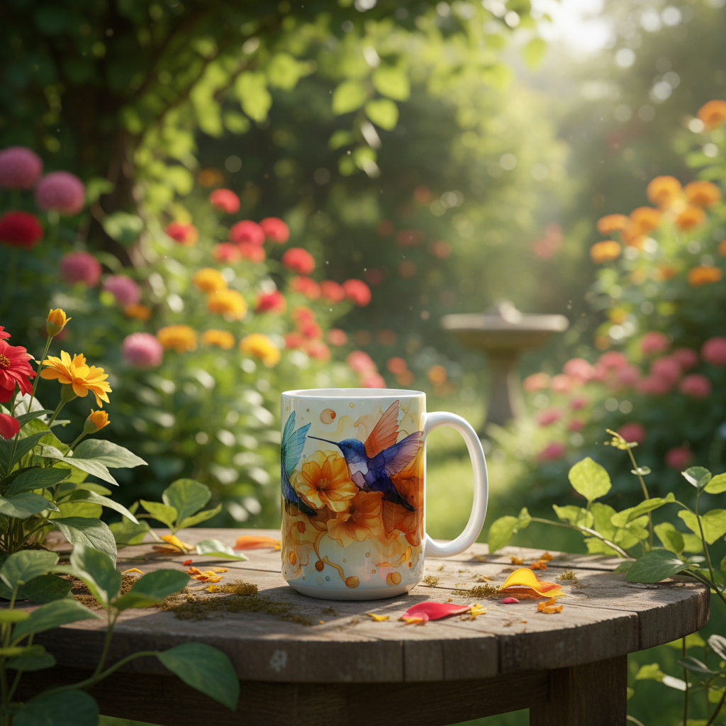 Hummingbird Alcohol Ink Mug - Garden Scene