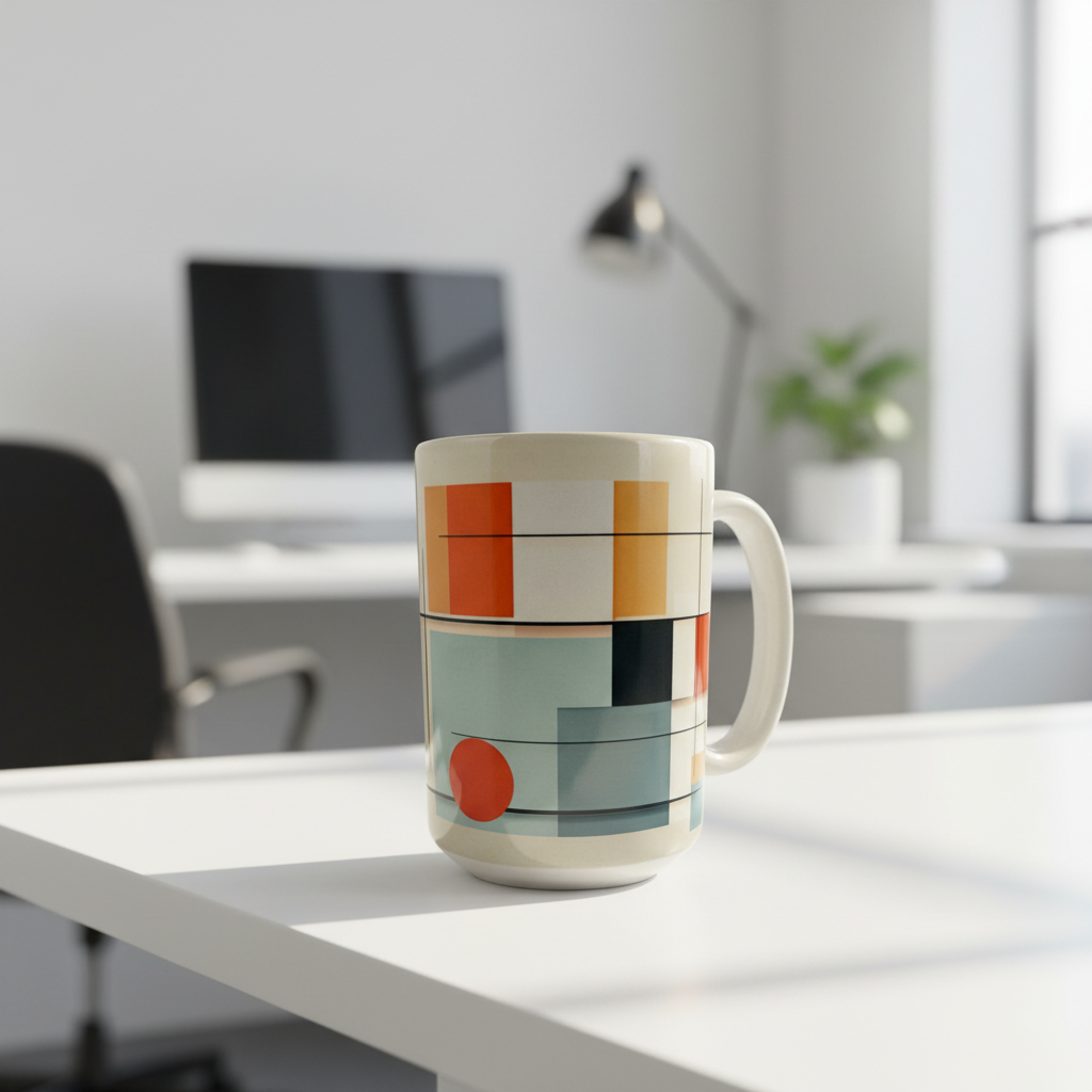 Minimalist Abstract Mug 15 oz curved bottom with office background