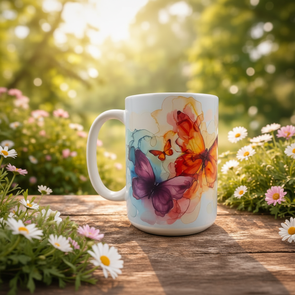 Butterflies in the Morning mug in a wide lifestyle nature setting