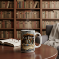 Bookworm mug with curved bottom in a cozy library setting