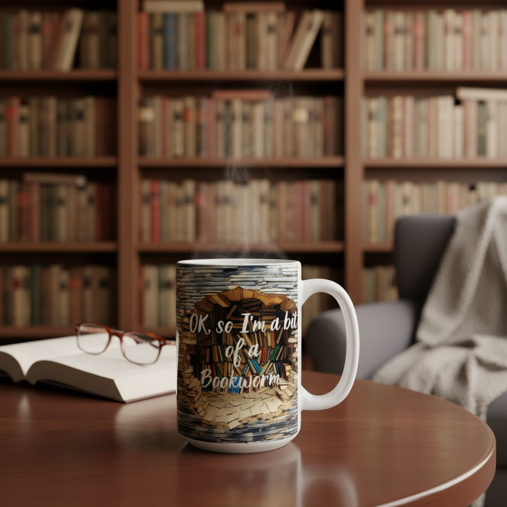 Bookworm mug with curved bottom in a cozy library setting