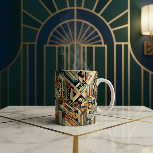 Art Deco mug on a marble surface with gold accents and 1920s-inspired backdrop