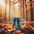 Leaves mug in an autumn forest setting with golden foliage