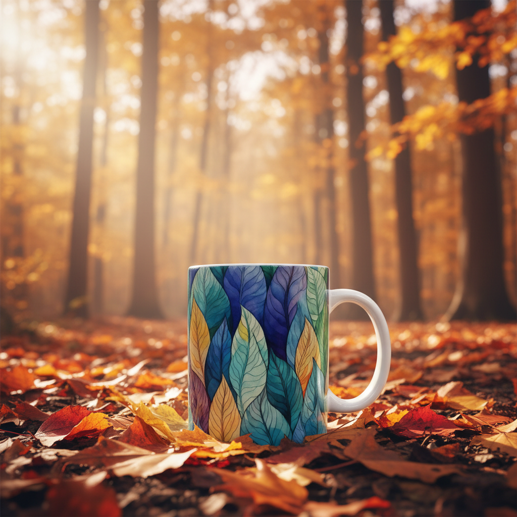 Leaves mug in an autumn forest setting with golden foliage