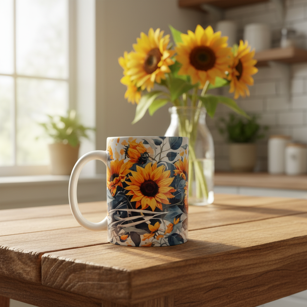 Sunflower 15oz Mug in a bright kitchen setting